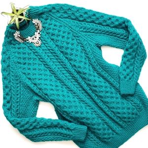 Emerald Green Chunky Cable Knit Wool Pullover Sweater